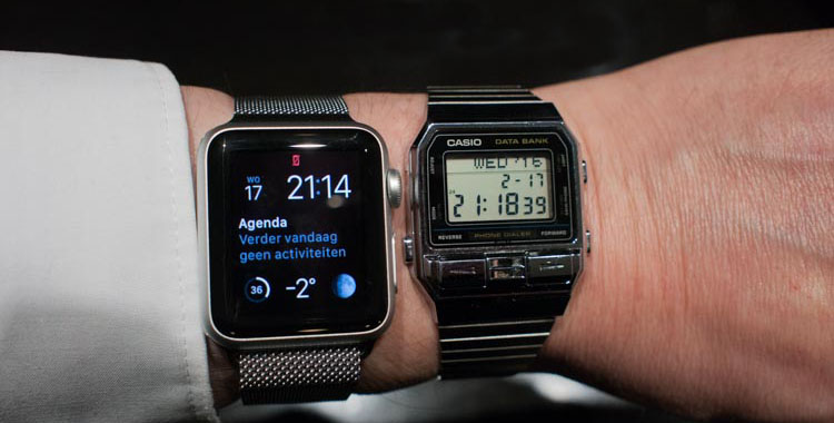 Apple watch and a 1988 Casio Databank Phone Dialer
